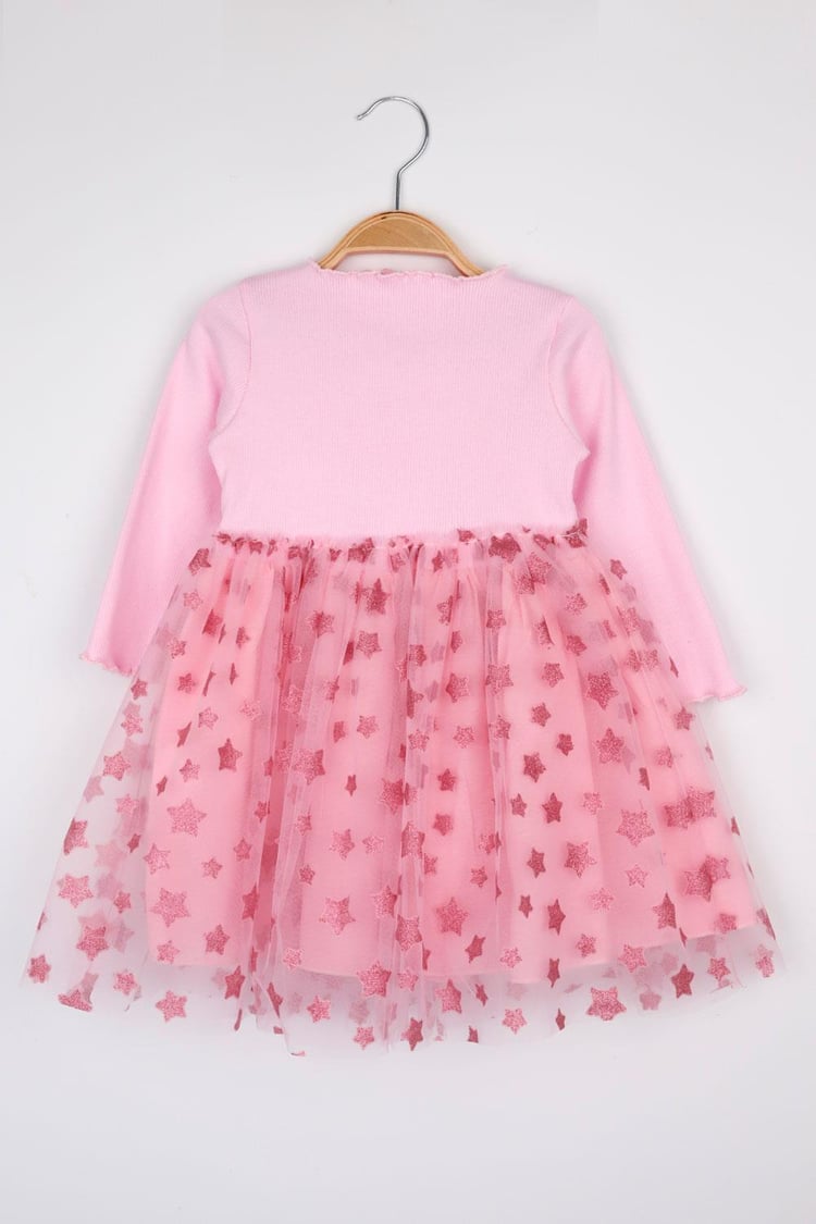 Pembe Yıldız Baskılı Tül Etekli Kız Çocuk Elbise