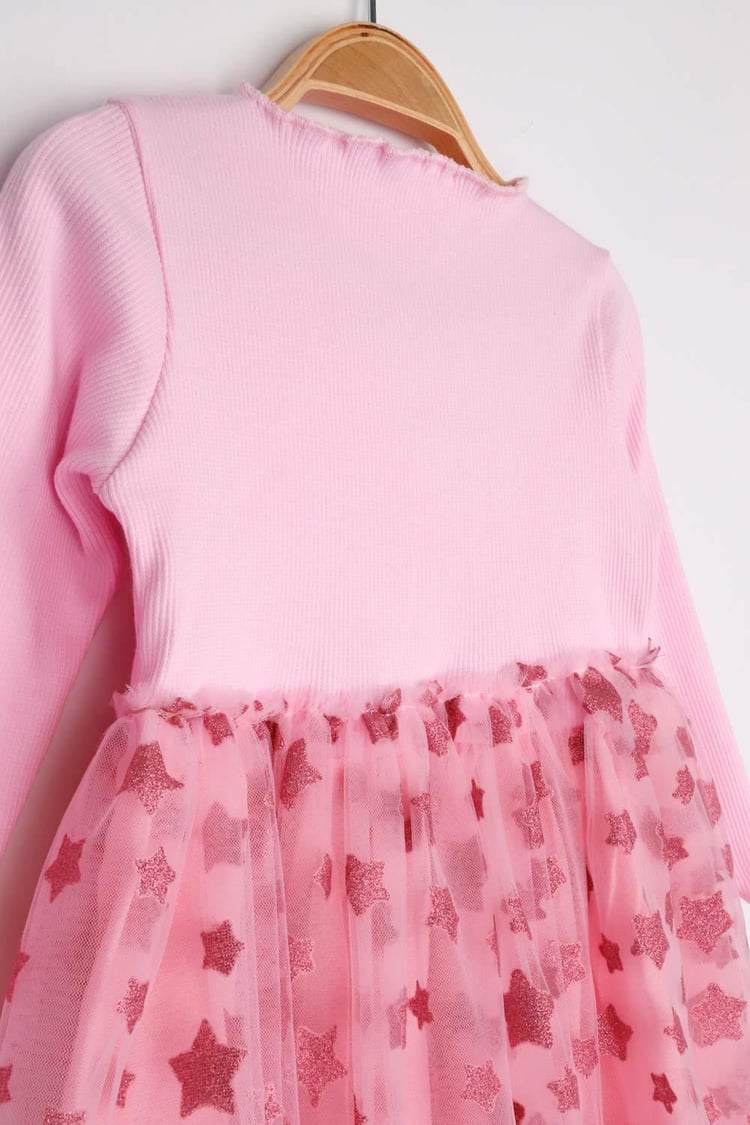 Pembe Yıldız Baskılı Tül Etekli Kız Çocuk Elbise