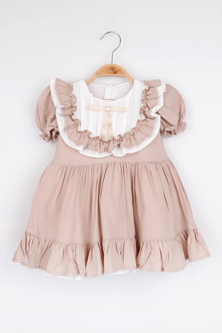 Bej Vintage Kısa Kollu Kız Çocuk Elbise
